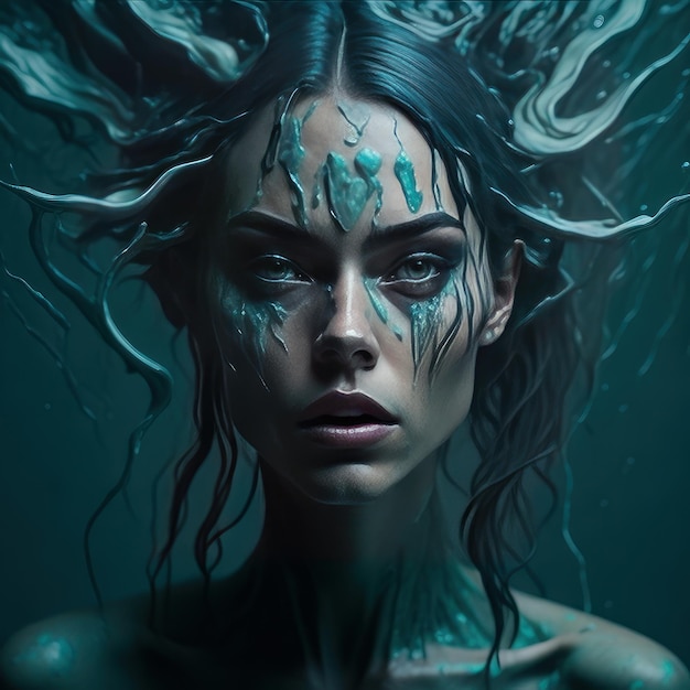 Une femme aux cheveux bleus et à tête de poisson est sous l'eau.