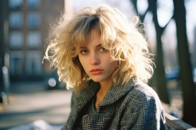 une femme aux cheveux blonds assise sur un banc