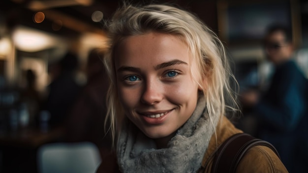 Une femme aux cheveux blonds et au foulard gris sourit à la caméra.