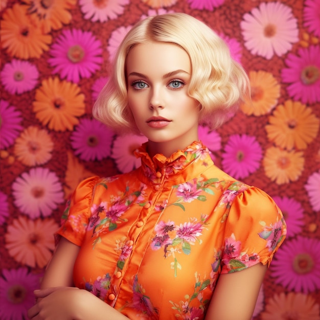 Une femme aux cheveux blonds et au haut fleuri est assise devant un papier peint floral.