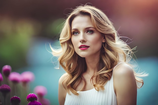 une femme aux cheveux blonds et aux lèvres rouges tient une fleur dans sa main.