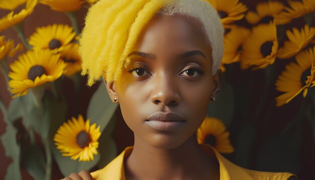 Une femme aux cheveux blonds et aux tournesols jaunes