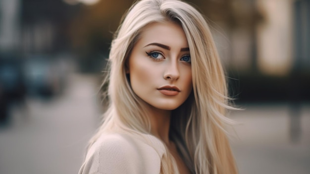 Une femme aux cheveux blonds et aux yeux bleus se tient dans un parc.