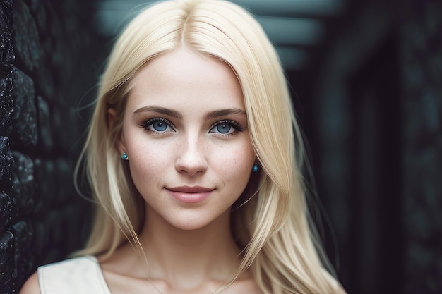 Une femme aux cheveux blonds et aux yeux bleus