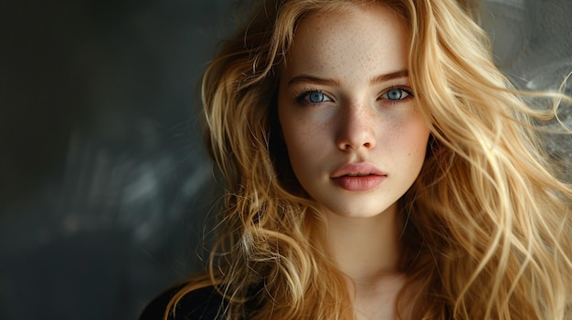 une femme aux cheveux blonds et aux yeux bleus