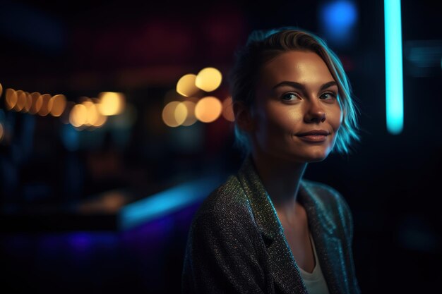 Une femme aux cheveux blonds et une chemise blanche se tient dans une pièce sombre avec des lumières derrière elle.