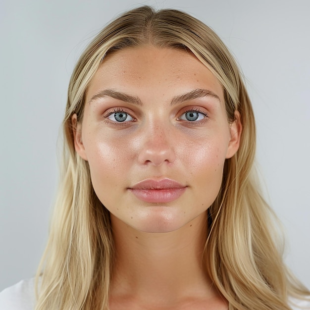 une femme aux cheveux blonds et une chemise blanche se tient devant un mur blanc