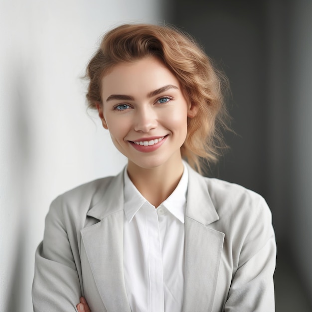 Une femme aux cheveux blonds et une chemise blanche sourit.