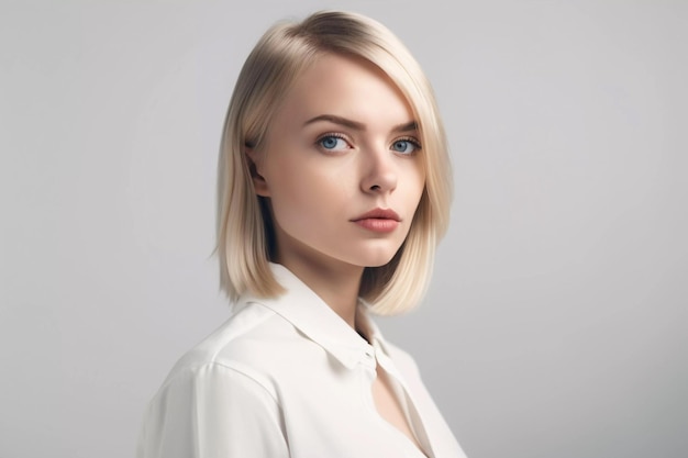 Une femme aux cheveux blonds et une chemise blanche