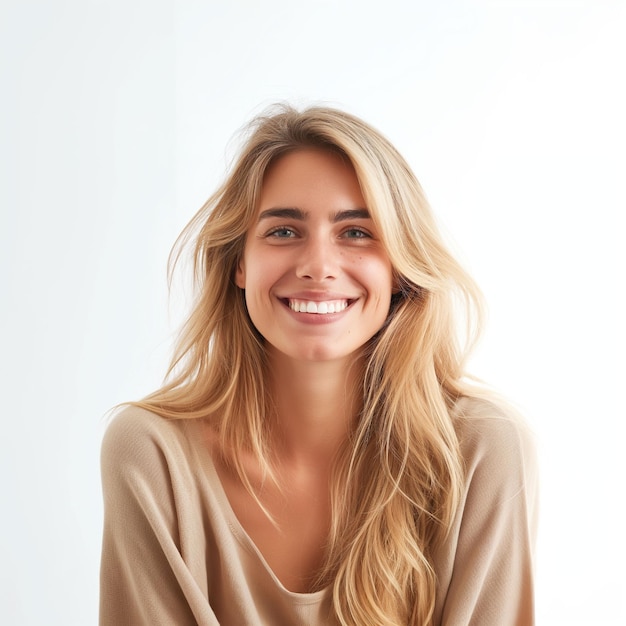 une femme aux cheveux blonds et une chemise bronzée sourit