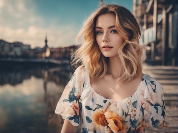 Une femme aux cheveux blonds et une chemise à fleurs