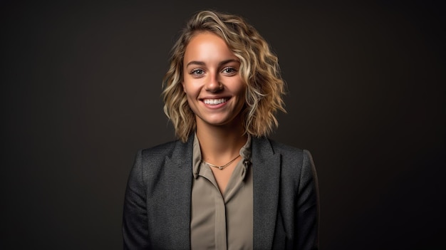 Une femme aux cheveux blonds et une chemise grise sourit à la caméra.