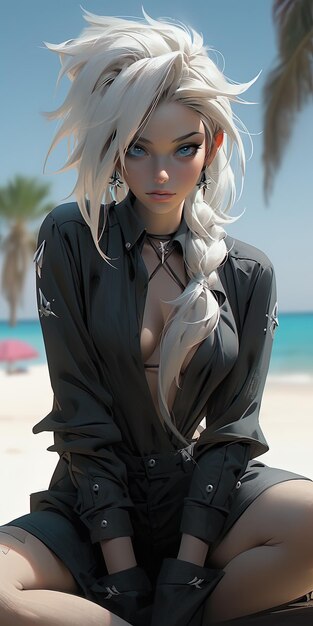 une femme aux cheveux blonds et une chemise noire sur la plage