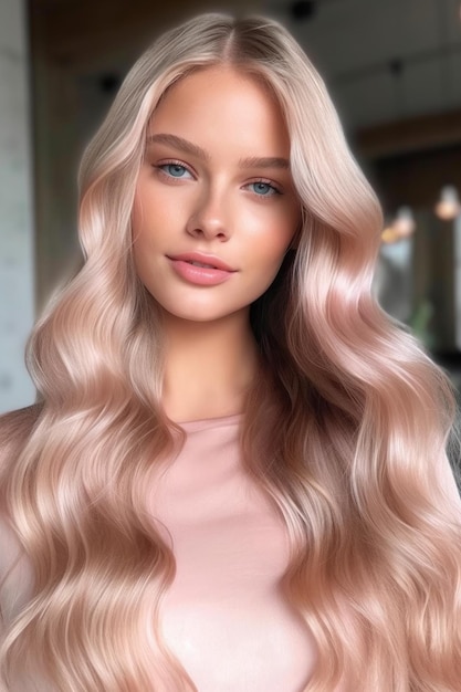 Une femme aux cheveux blonds et une chemise rose