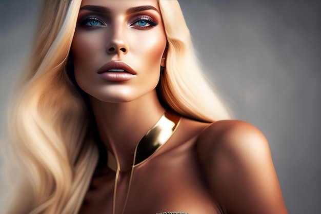 Une femme aux cheveux blonds et un collier en or