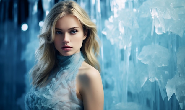 femme aux cheveux blonds dans la glace gelée chambre d'hiver arrière-plan avec espace de copie