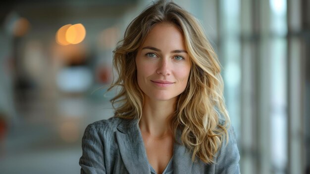 Une femme aux cheveux blonds dans une veste grise