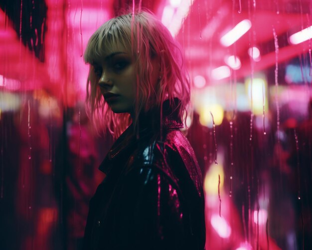 Photo une femme aux cheveux blonds debout devant des néons