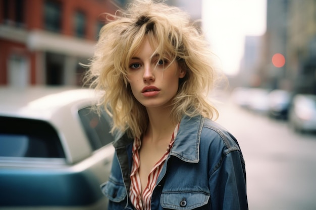 une femme aux cheveux blonds debout devant une voiture