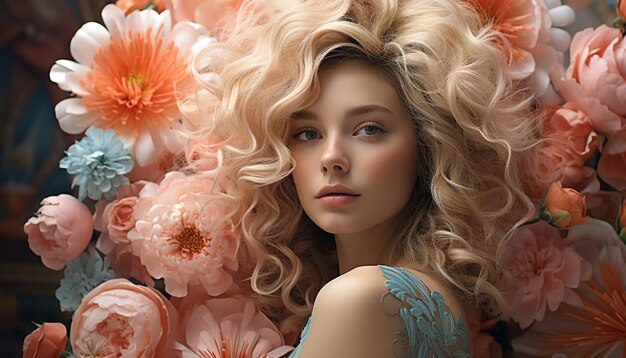 Femme aux cheveux blonds avec élégance et sensualité de la beauté des fleurs en portrait généré par l'intelligence artificielle