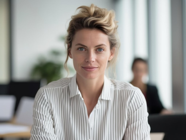 une femme aux cheveux blonds est assise devant un écran d'ordinateur.