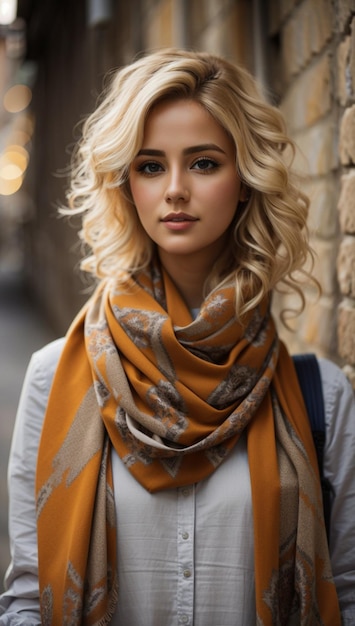 Une femme aux cheveux blonds et un foulard se tient contre un mur