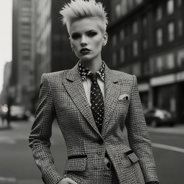 Une femme aux cheveux blonds marche dans la rue.