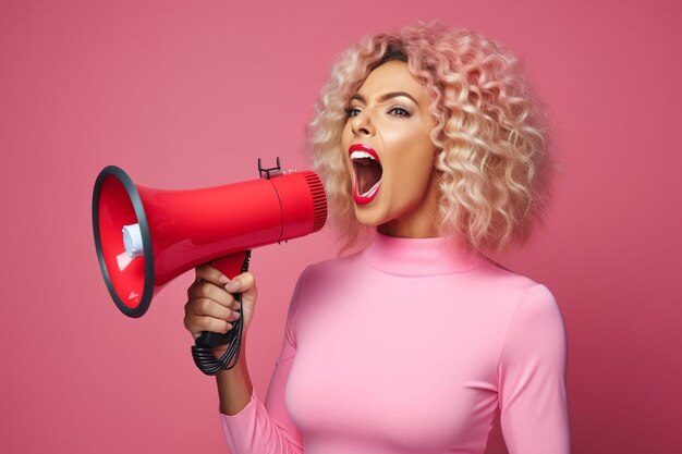 une femme aux cheveux blonds parle dans un mégaphone