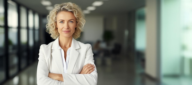 une femme aux cheveux blonds portant un costume blanc