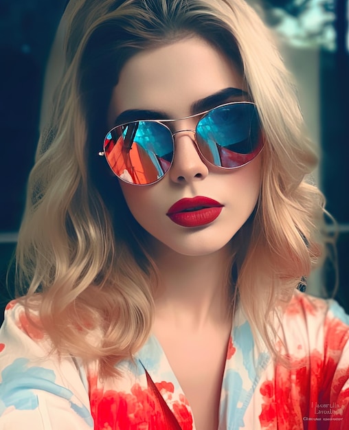une femme aux cheveux blonds portant des lunettes de soleil et une chemise rouge et bleue.