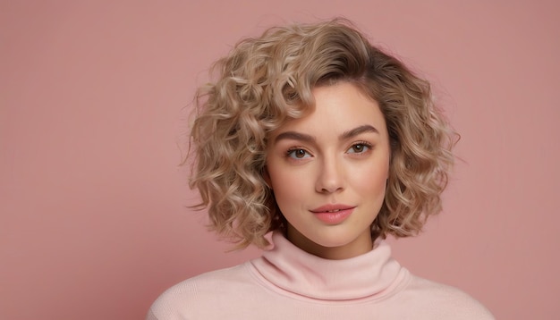 une femme aux cheveux blonds et un pull rose