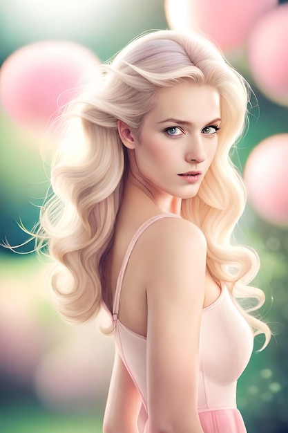 Une femme aux cheveux blonds et une robe rose