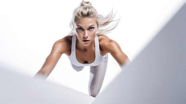 Photo une femme aux cheveux blonds saute sur une surface blanche