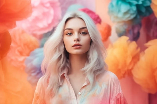 Une femme aux cheveux blonds se tient devant un mur coloré avec des fleurs.