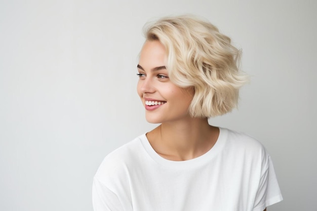 une femme aux cheveux blonds souriante devant un fond blanc.