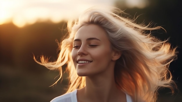 Une femme aux cheveux blonds sourit au coucher du soleil