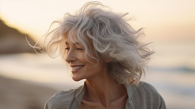 Une femme aux cheveux blonds sourit à la plage