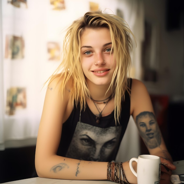 femme aux cheveux blonds avec des tatouages assise à une table avec une tasse de café IA générative