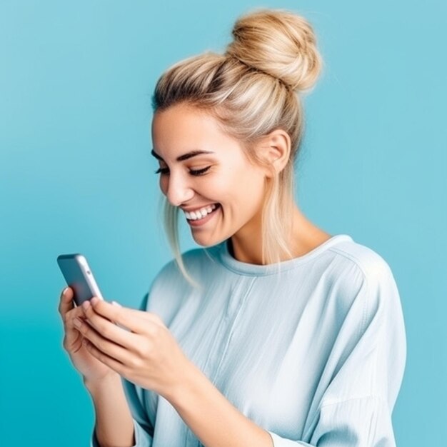 une femme aux cheveux blonds tient un téléphone et sourit