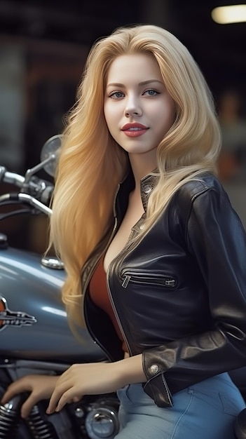 Une femme aux cheveux blonds et une veste en cuir pose à côté d'une moto.