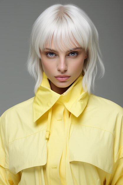 Photo une femme aux cheveux blonds et une veste jaune