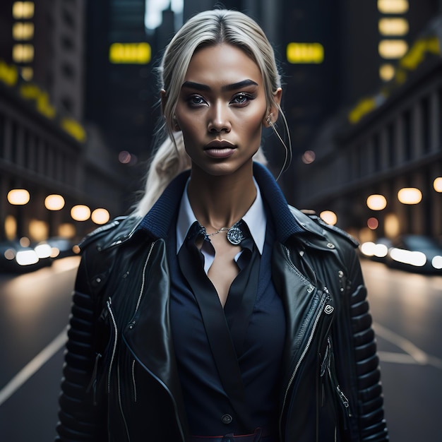 Une femme aux cheveux blonds et une veste noire se tient dans une rue.