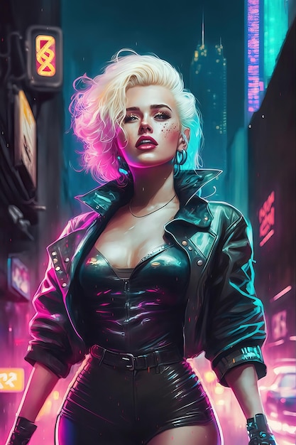 Une femme aux cheveux blonds et une veste noire se tient devant la ville de Cyberpunk