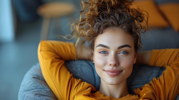 Une femme aux cheveux bouclés assise confortablement sur un canapé