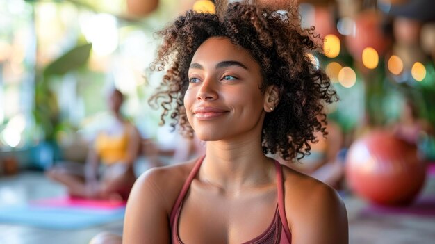 Une femme aux cheveux bouclés assise dans une pose de yoga