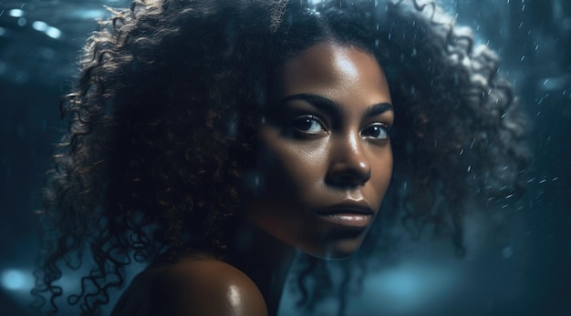 une femme aux cheveux bouclés et au maquillage mouillé