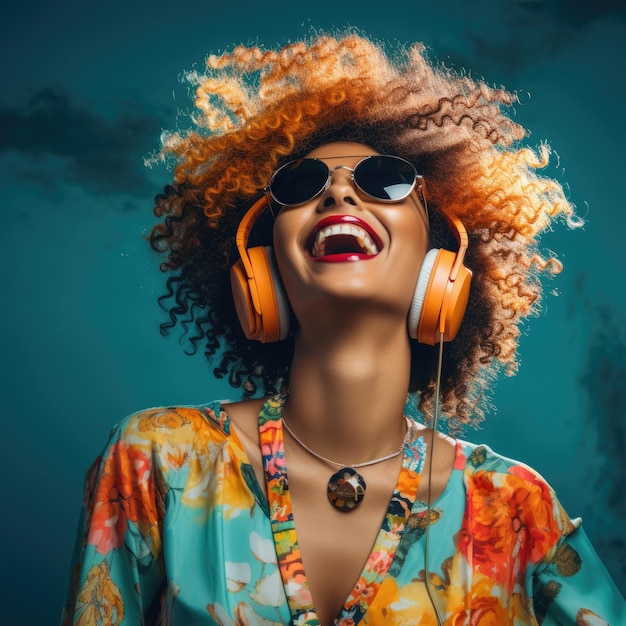 Photo une femme aux cheveux bouclés et aux écouteurs orange sourit.