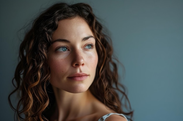 Une femme aux cheveux bouclés et aux yeux bleus