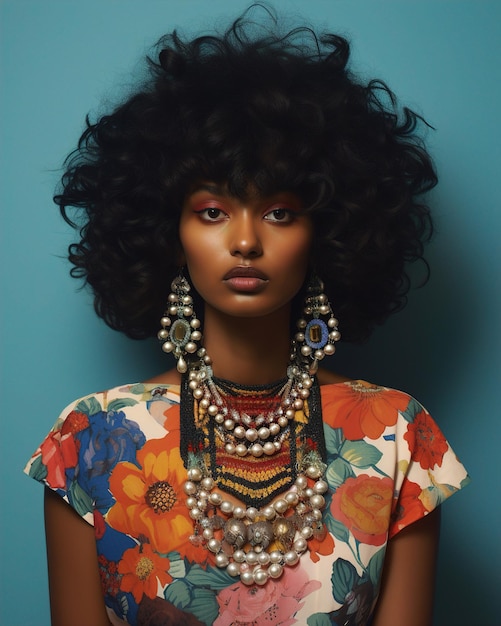 une femme aux cheveux bouclés et une chemise colorée pose sur un fond bleu.