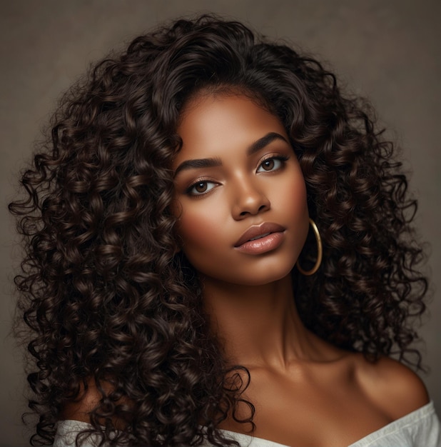 une femme aux cheveux bouclés et une chemise noire et blanche